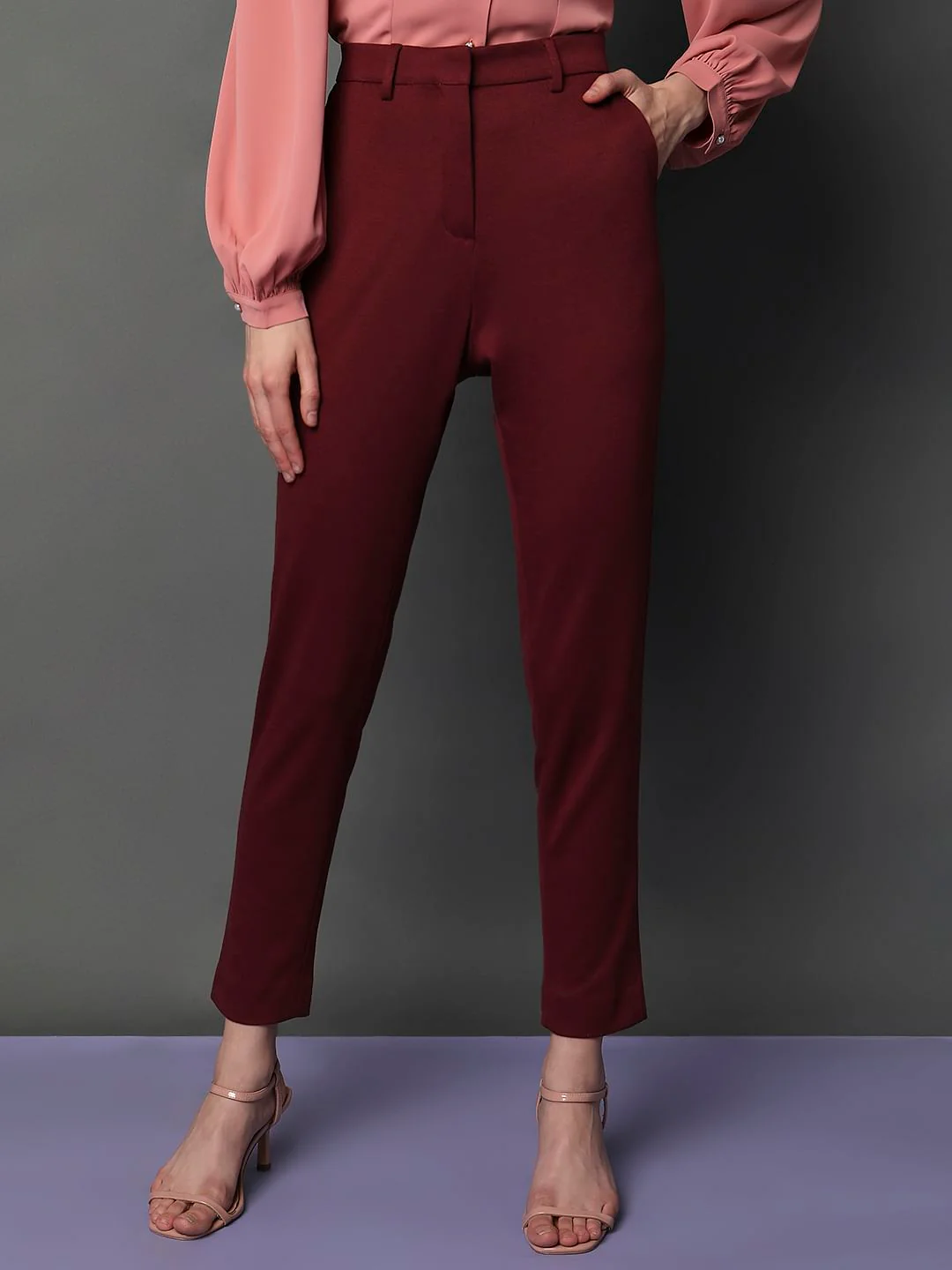 Maroon High Rise Tailored Slim Fit Pants - Image 2