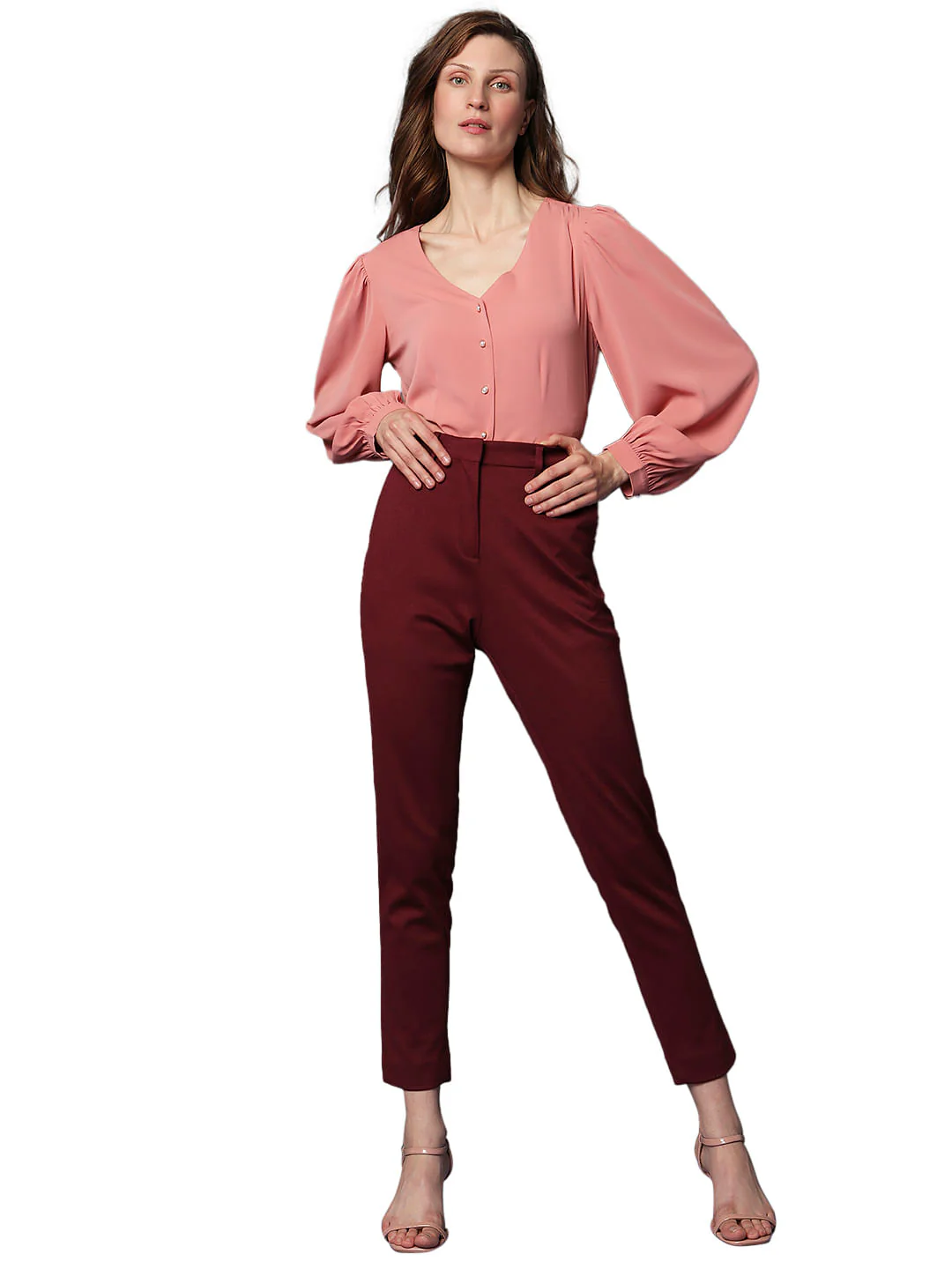 Maroon High Rise Tailored Slim Fit Pants - Image 6