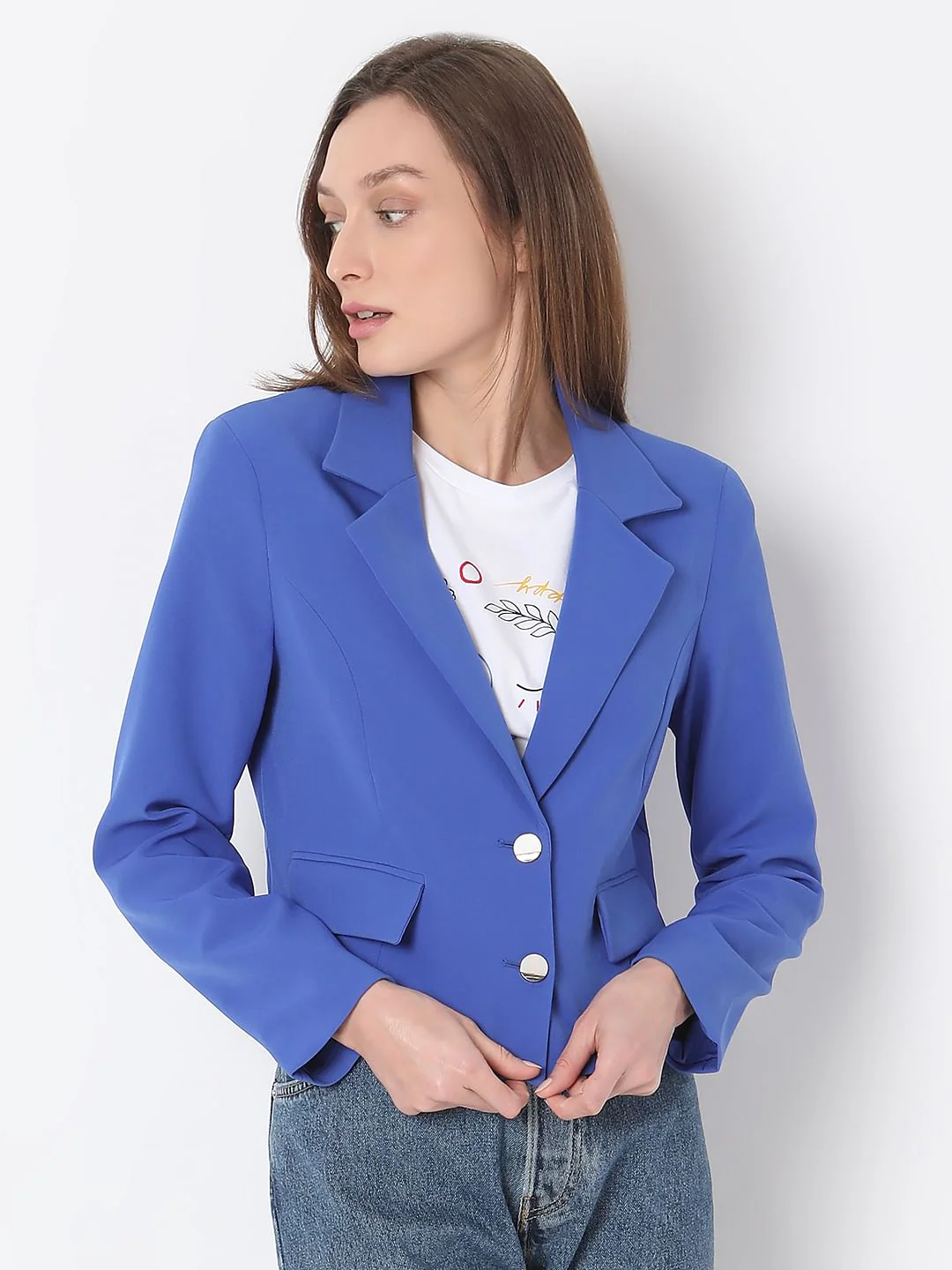 Blue Cropped Tailored Blazer - Image 2