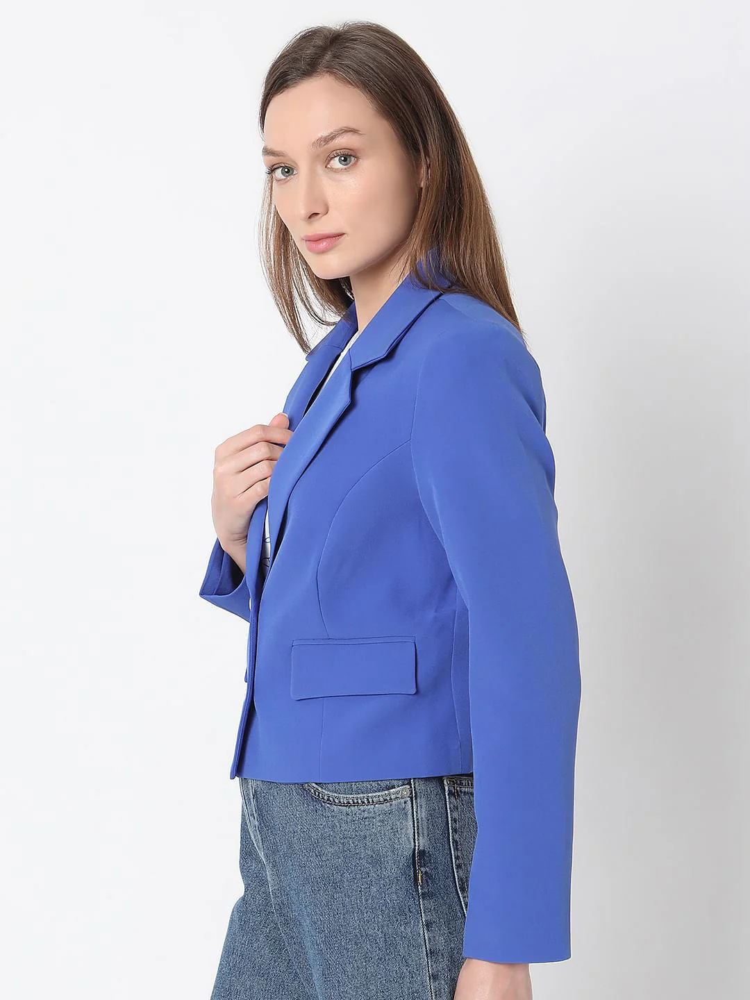 Blue Cropped Tailored Blazer - Image 3