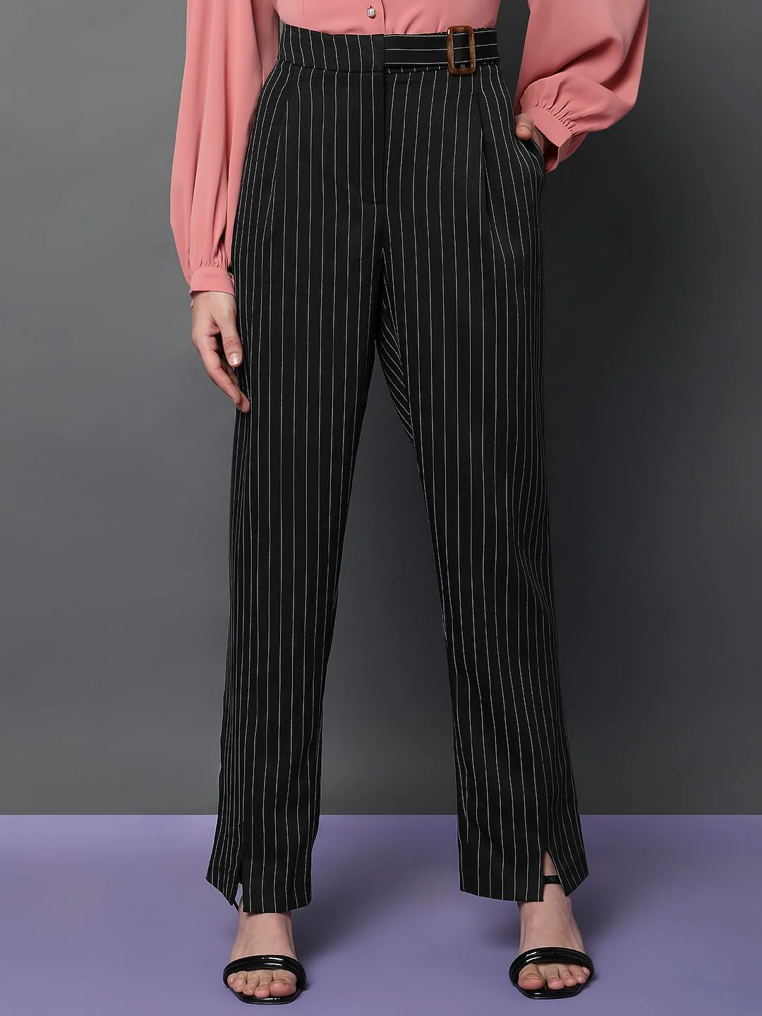 Black High Rise Striped Straight Fit Co-Ord Set Pants - Image 2