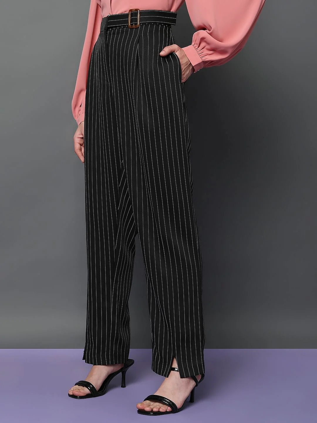 Black High Rise Striped Straight Fit Co-Ord Set Pants - Image 3