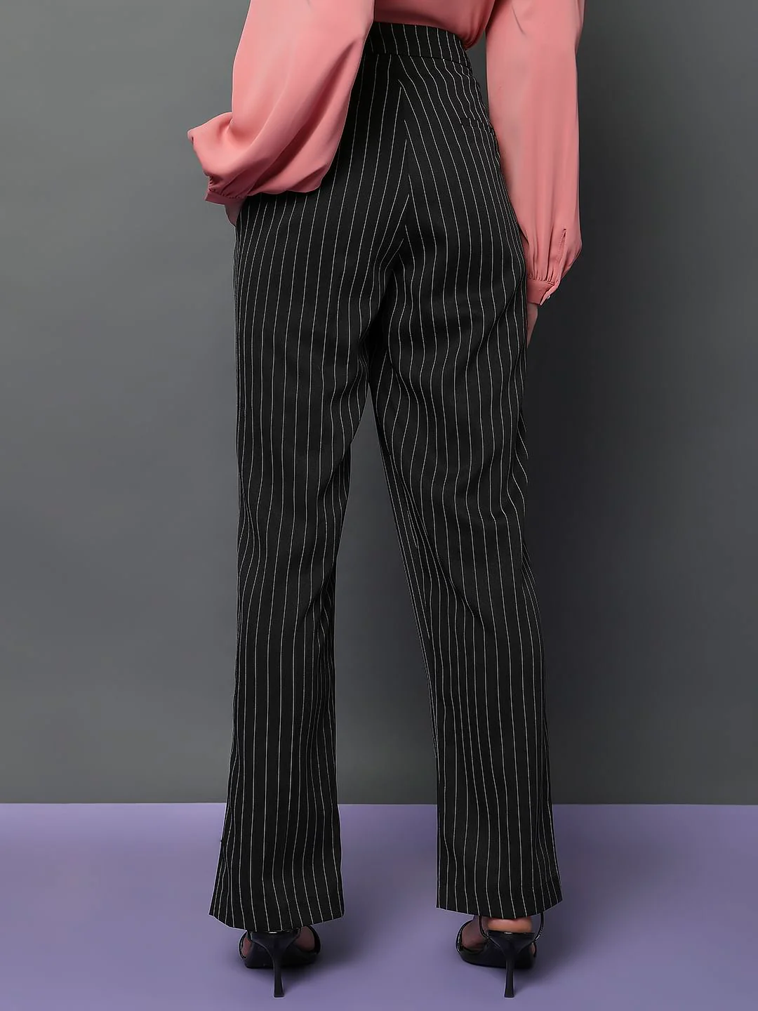 Black High Rise Striped Straight Fit Co-Ord Set Pants - Image 4