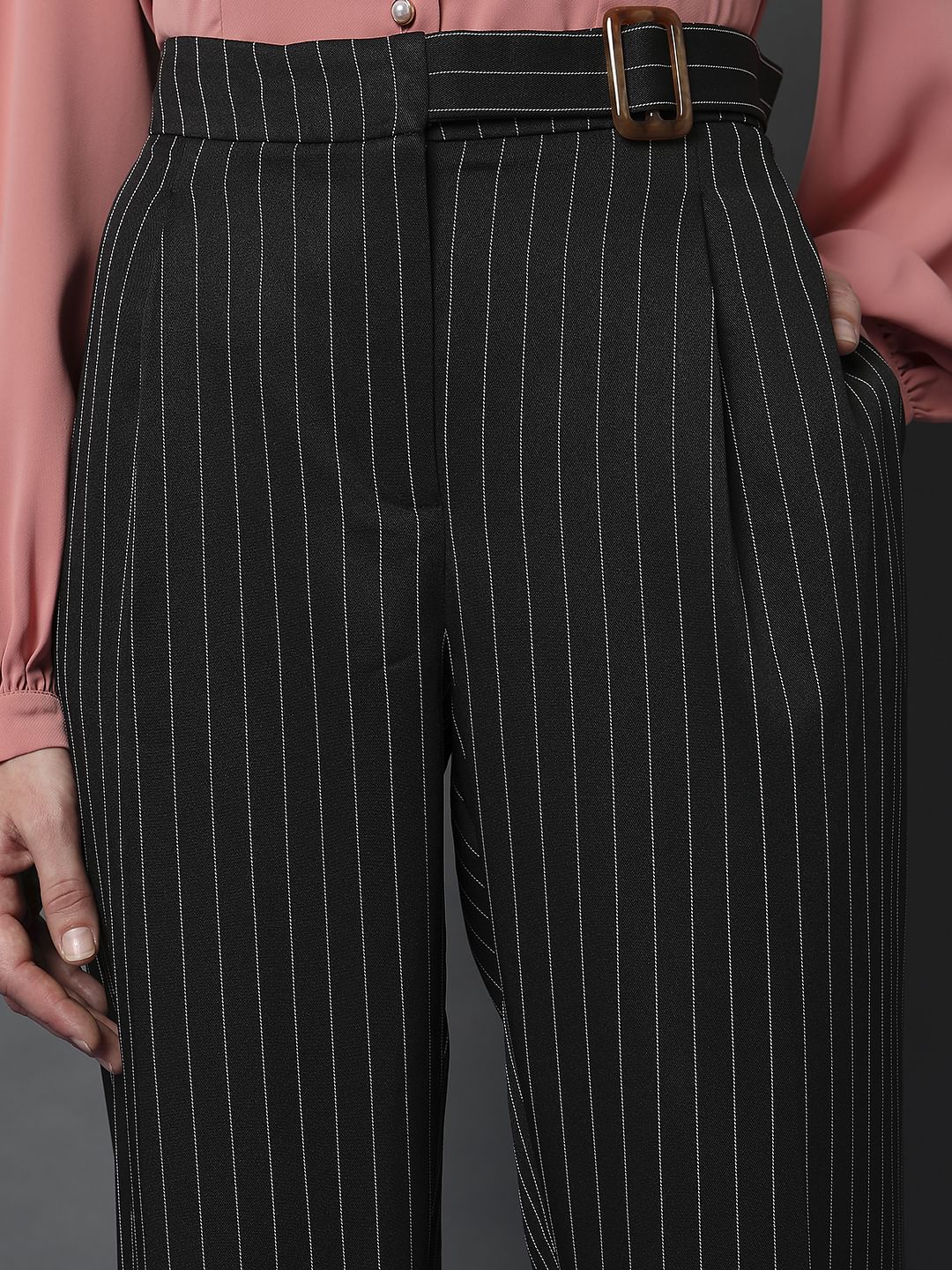 Black High Rise Striped Straight Fit Co-Ord Set Pants - Image 5