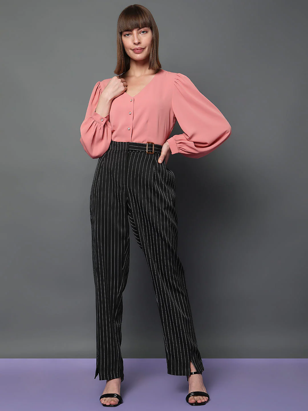 Black High Rise Striped Straight Fit Co-Ord Set Pants - Image 6