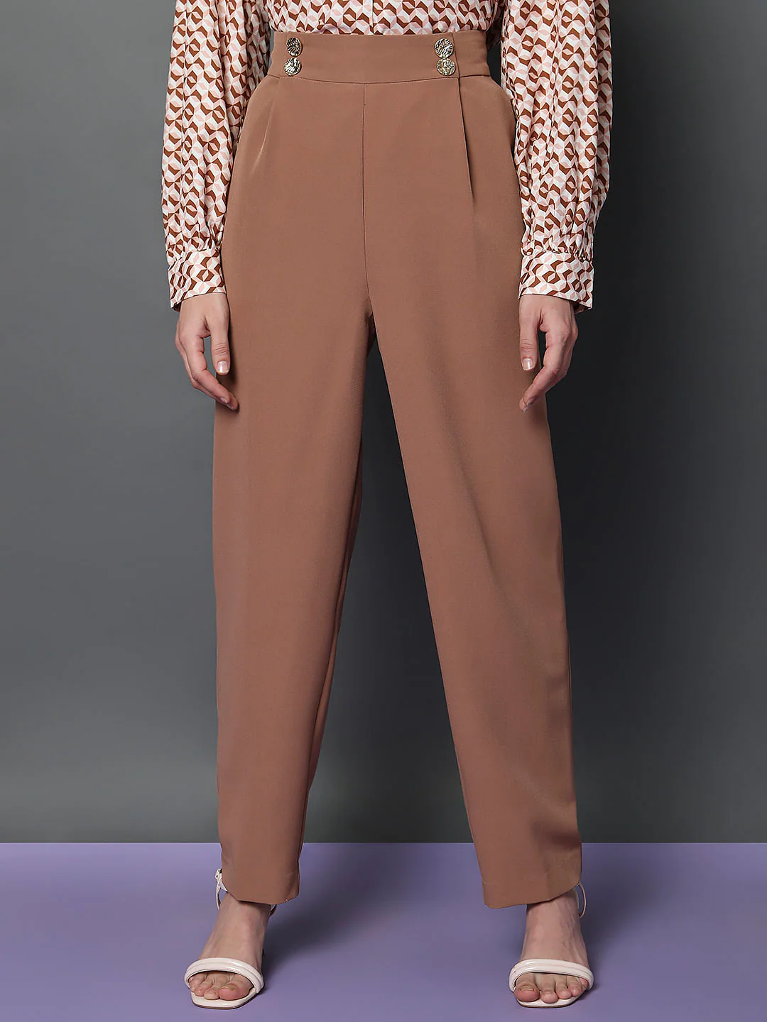 Beige High Rise Straight Fit Pants - Image 2