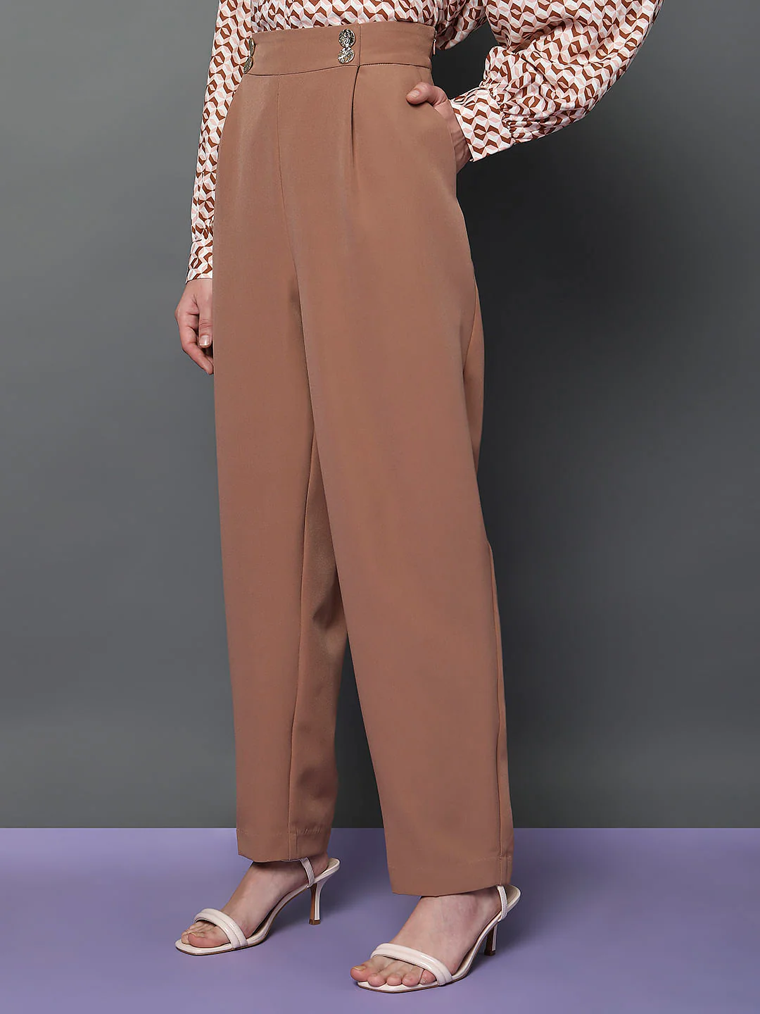 Beige High Rise Straight Fit Pants - Image 3