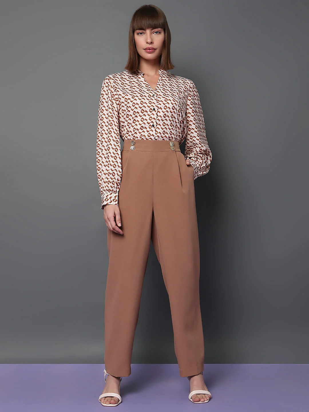 Beige High Rise Straight Fit Pants - Image 6