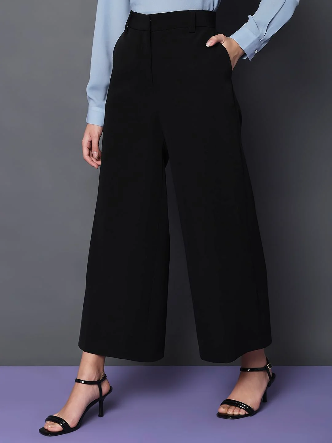 Black High Rise Semi Wide Leg Pants - Image 3