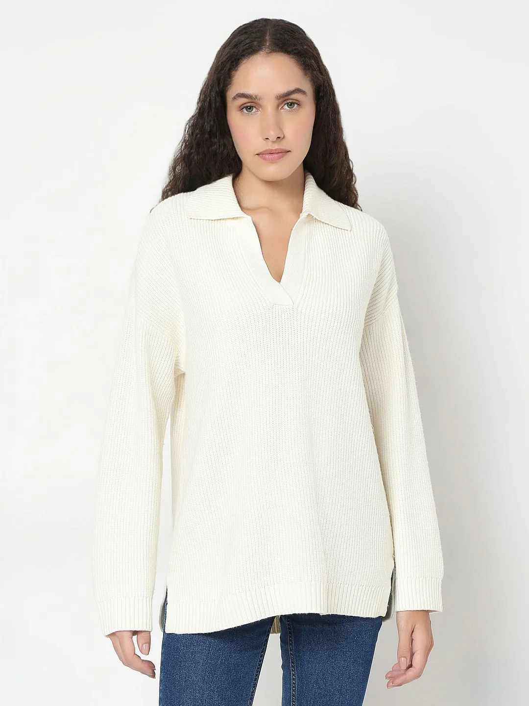 Beige V-Neck Long Pullover - Image 2
