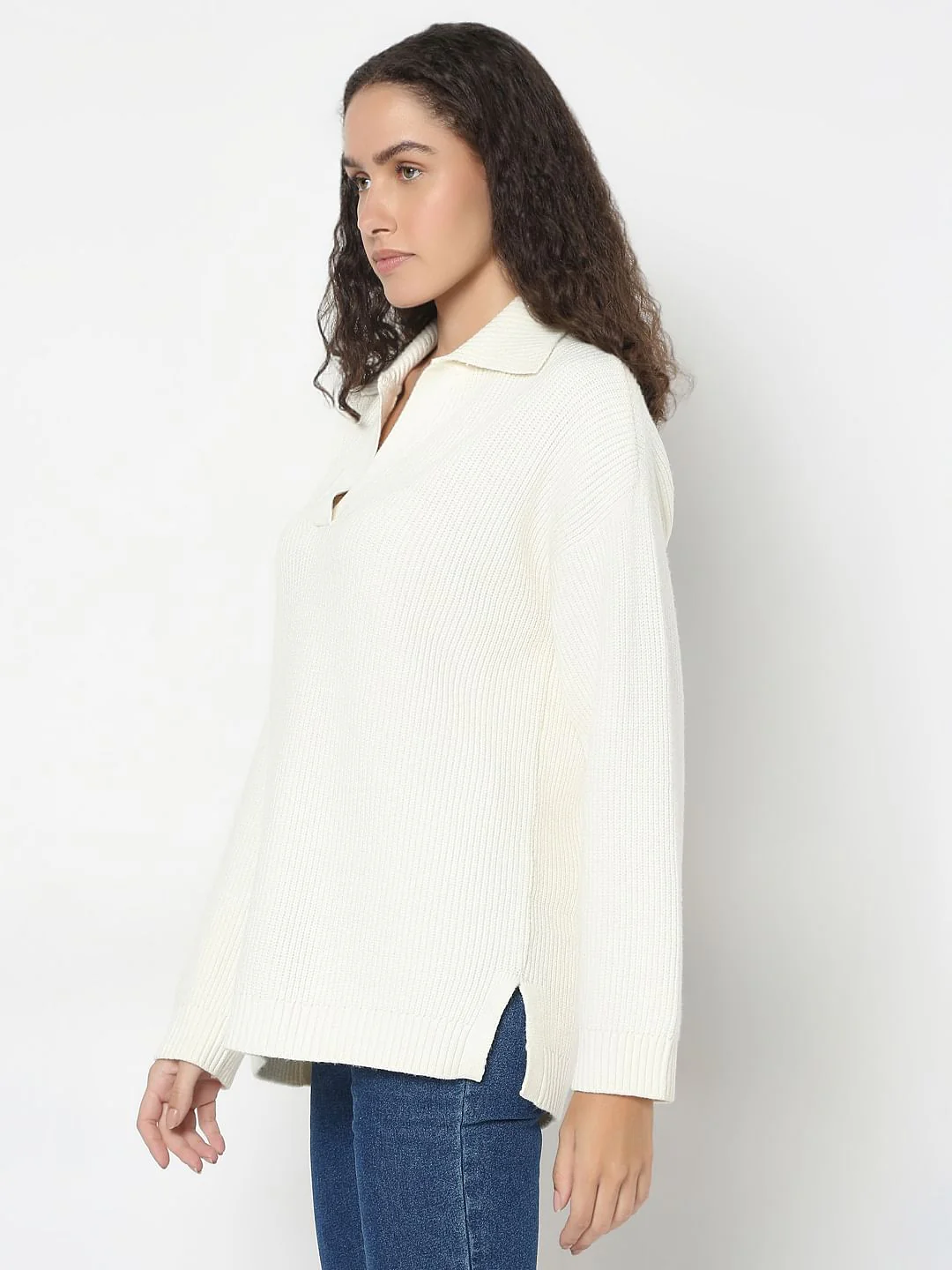 Beige V-Neck Long Pullover - Image 3