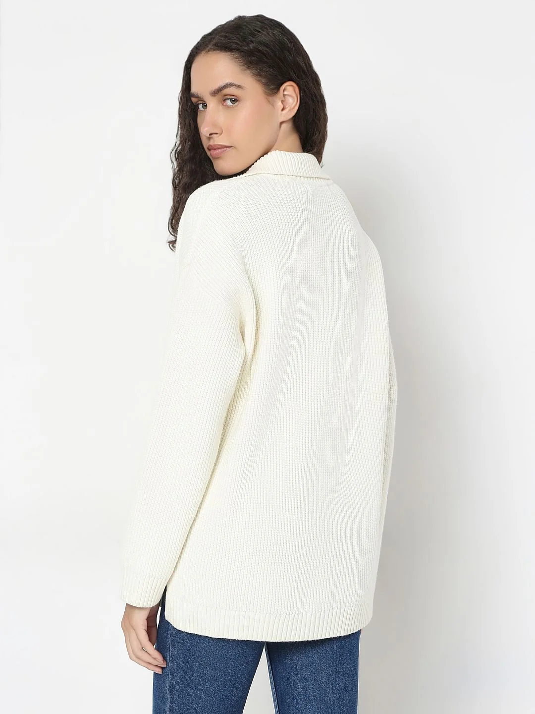 Beige V-Neck Long Pullover - Image 4