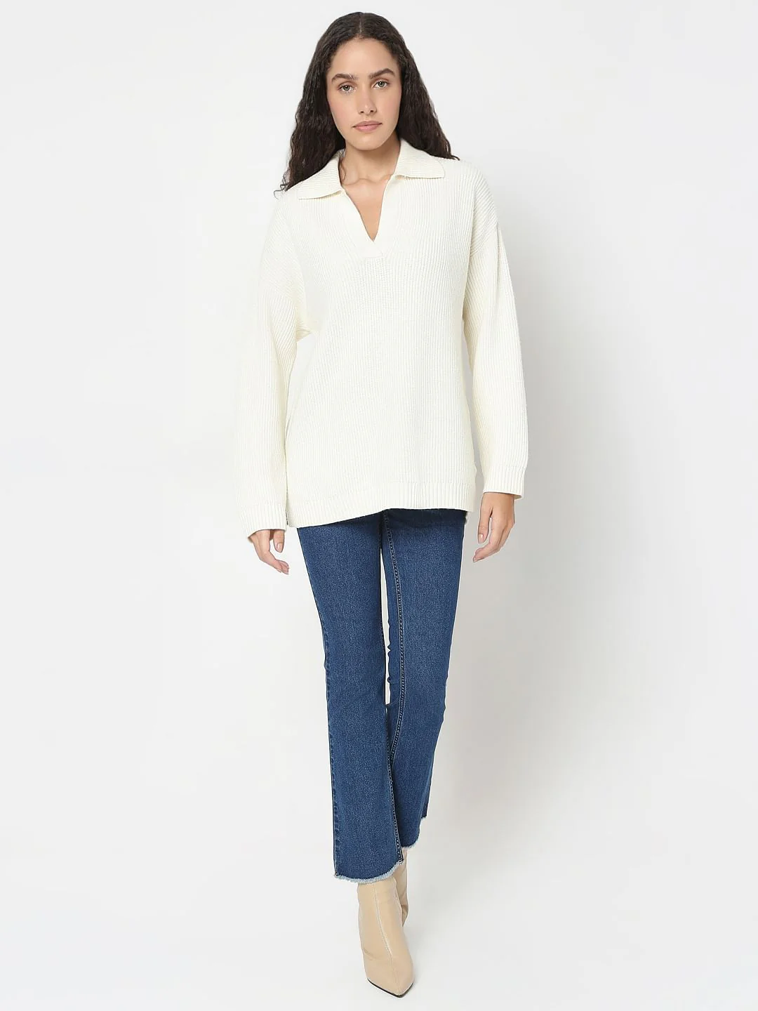 Beige V-Neck Long Pullover - Image 5