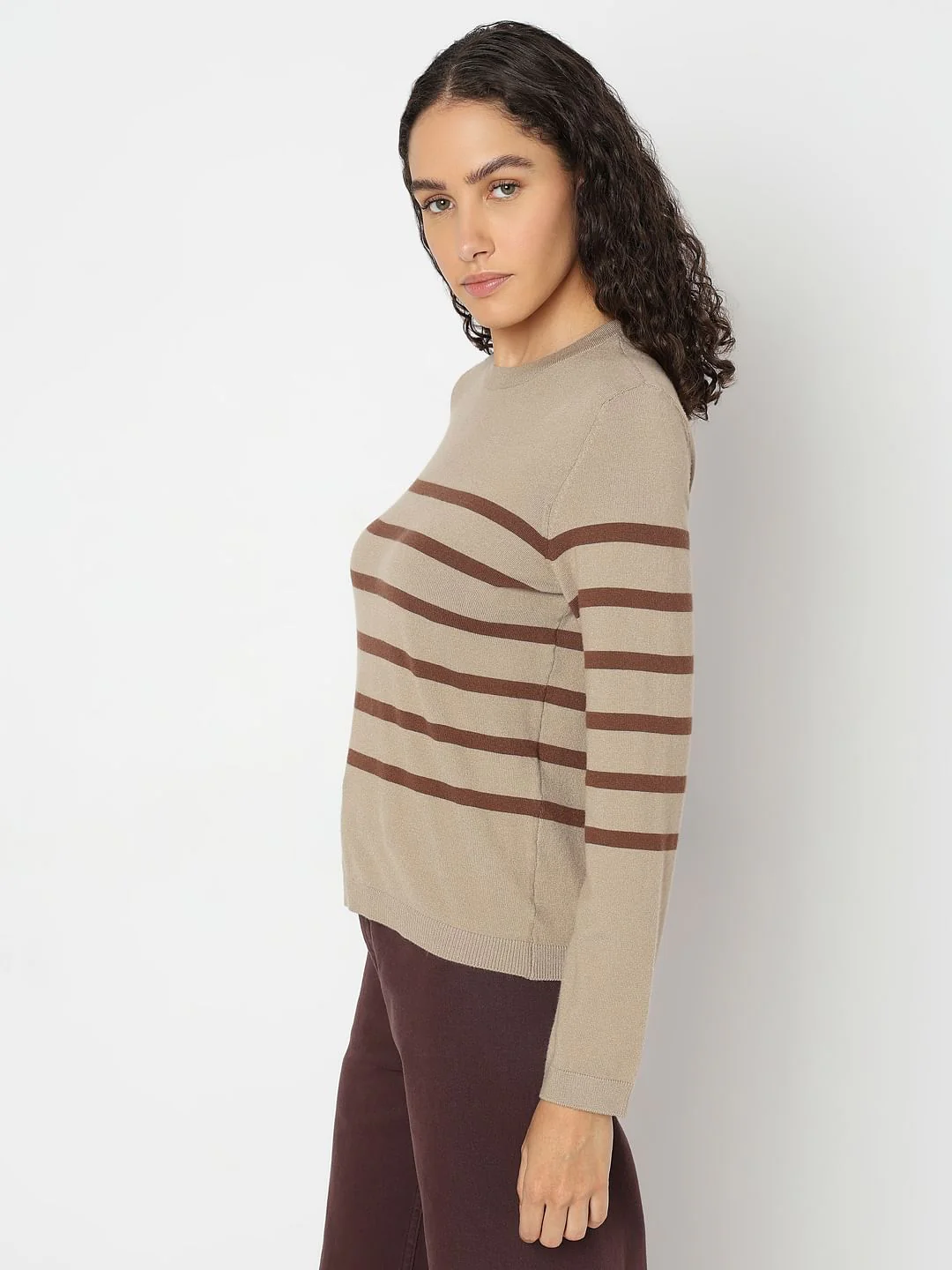 Beige Striped Flat Knit Pullover - Image 3