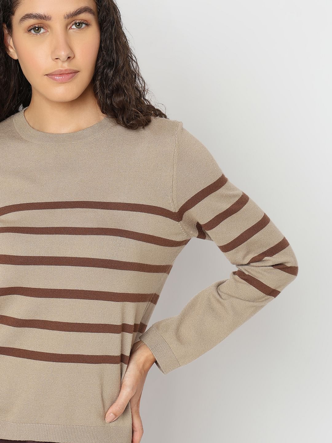 Beige Striped Flat Knit Pullover - Image 6