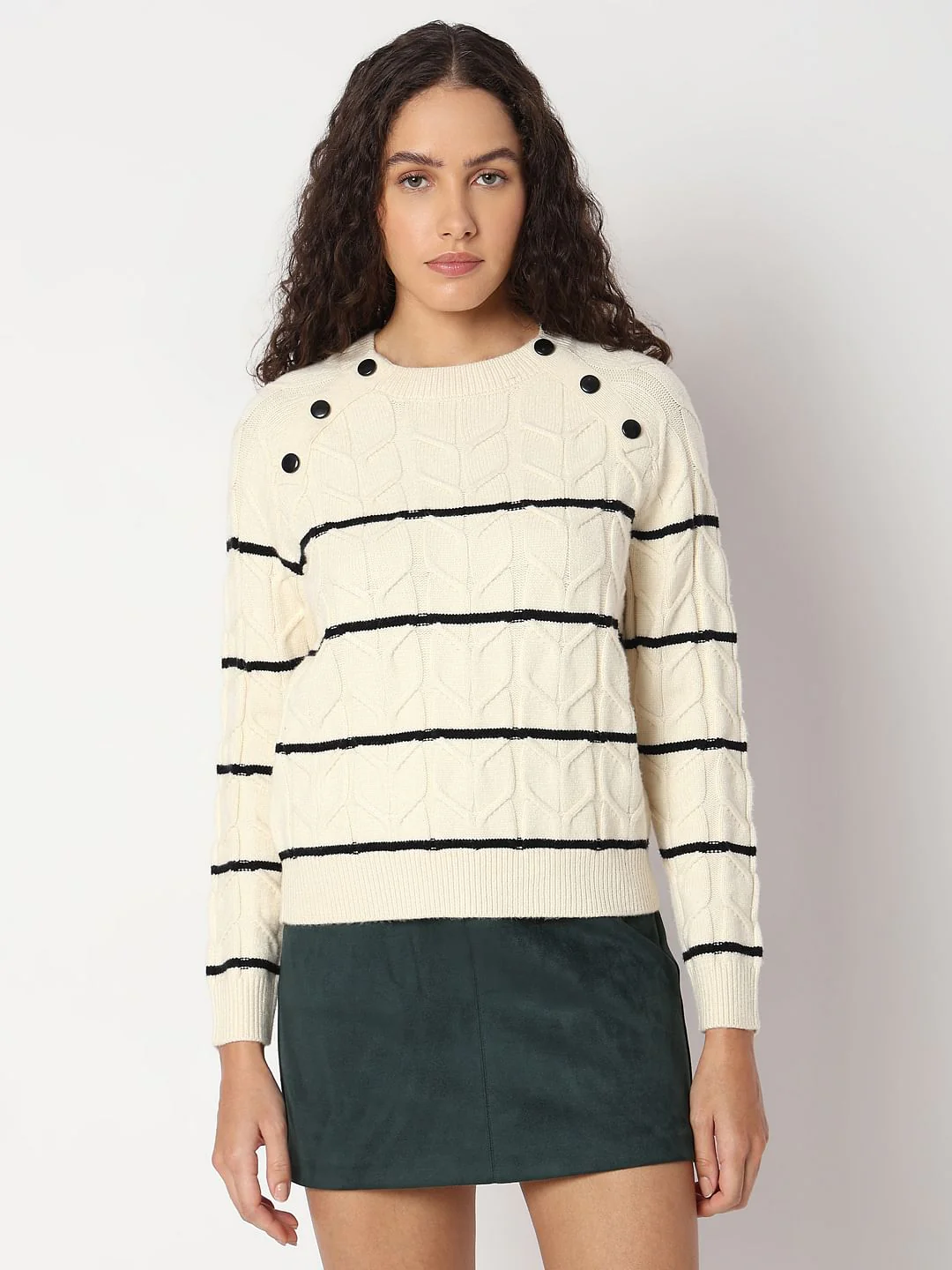Ecru Raglan Striped Knitted Pullover - Image 2