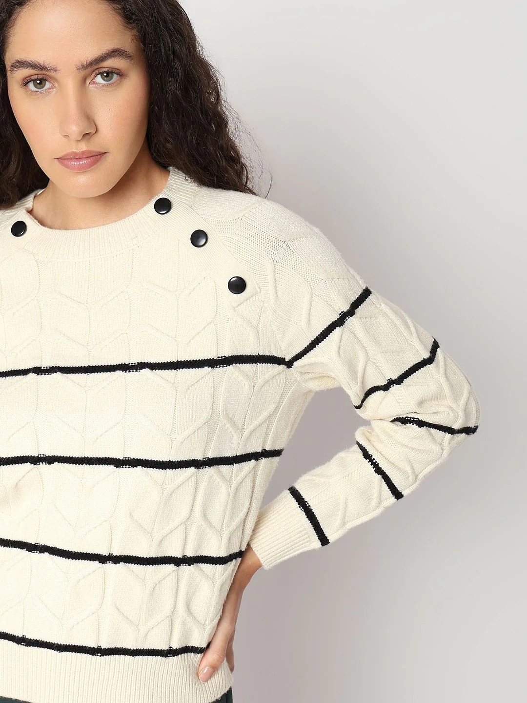 Ecru Raglan Striped Knitted Pullover - Image 6