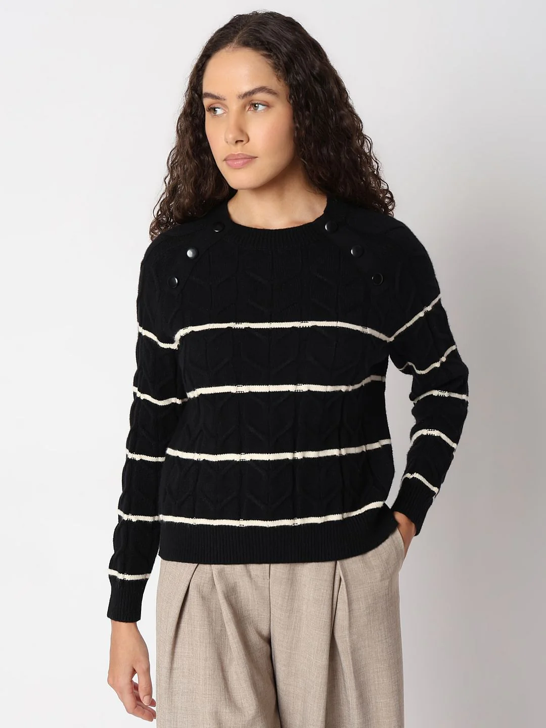 Black Raglan Striped Knitted Pullover - Image 2