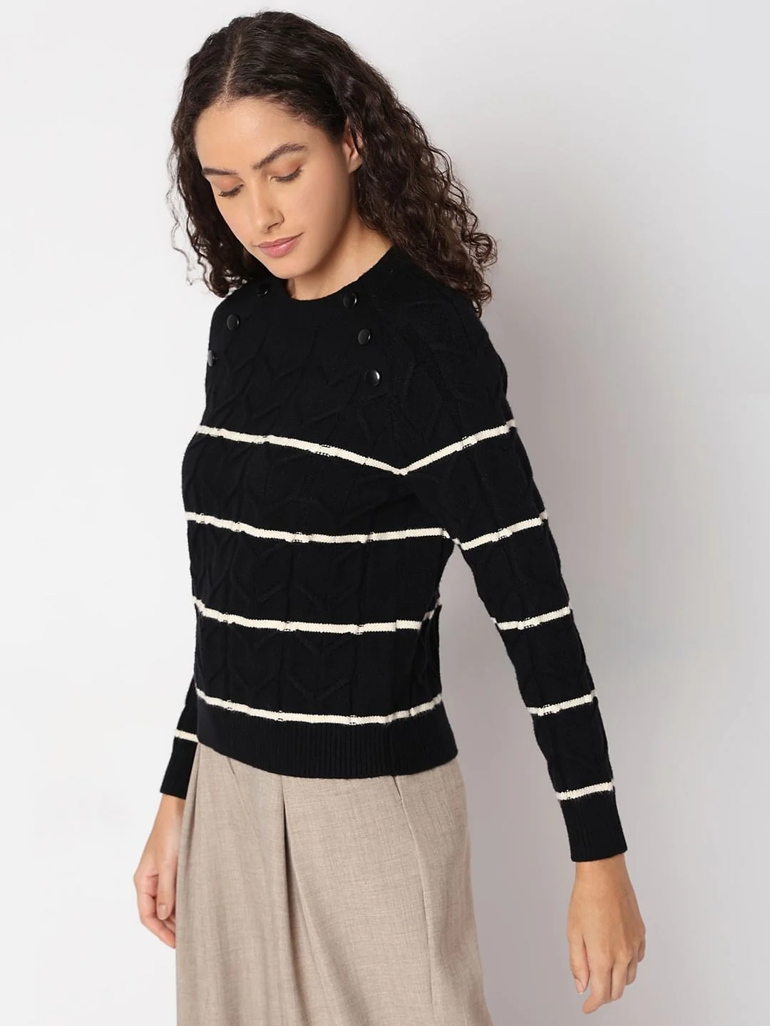 Black Raglan Striped Knitted Pullover - Image 3