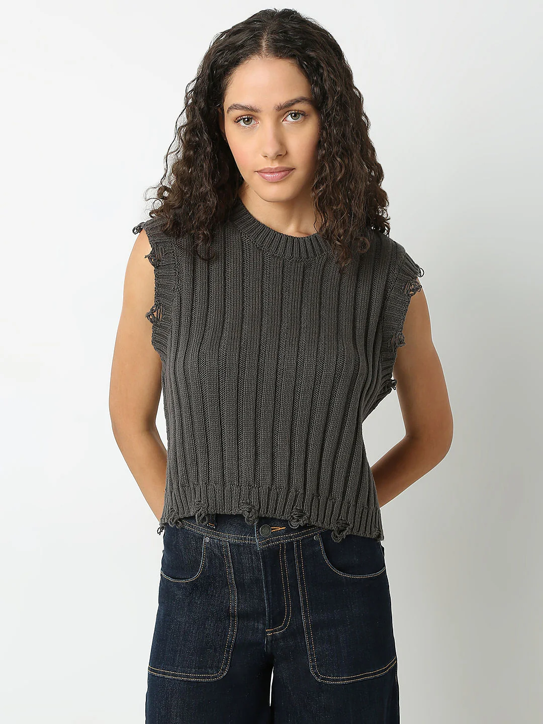 Dark Grey Self Textured Knitted Top - Image 2