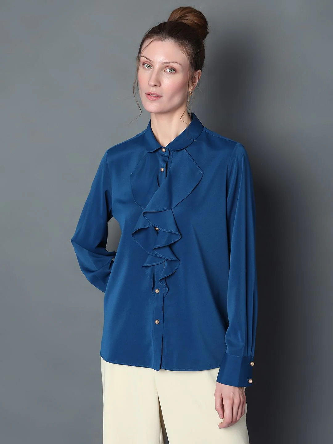 Blue Ruffle Detail Shirt - Image 2