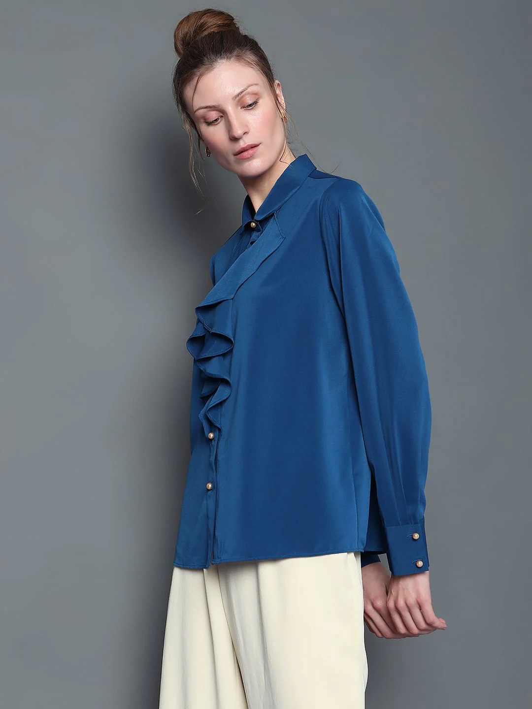 Blue Ruffle Detail Shirt - Image 3
