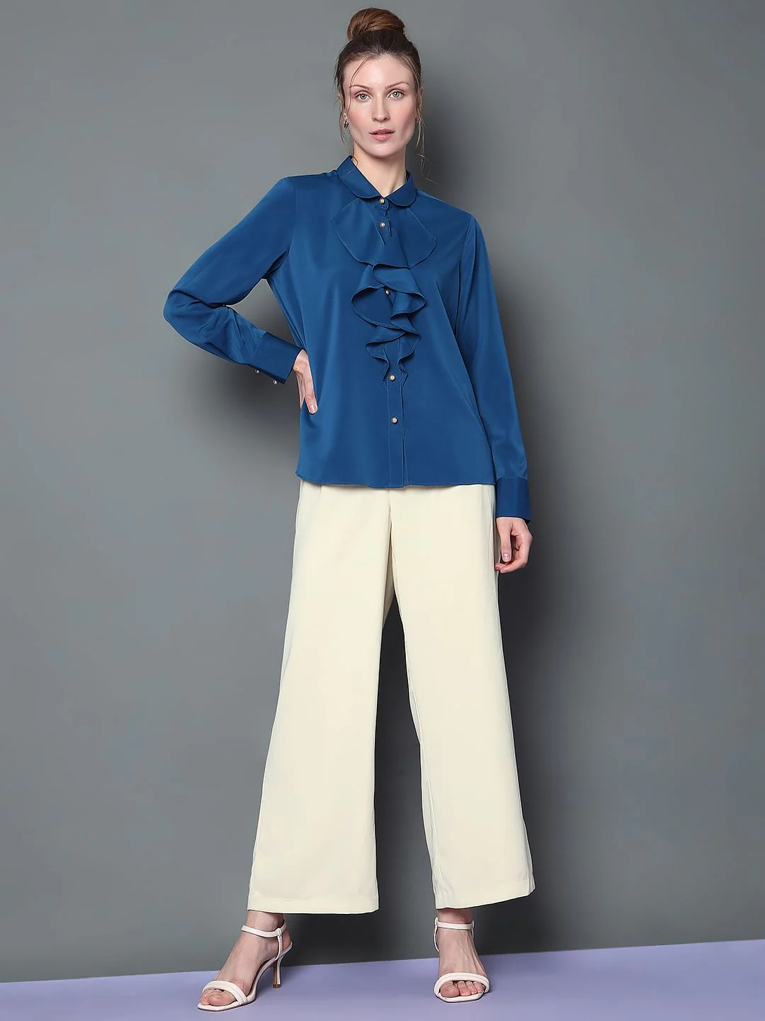 Blue Ruffle Detail Shirt - Image 5
