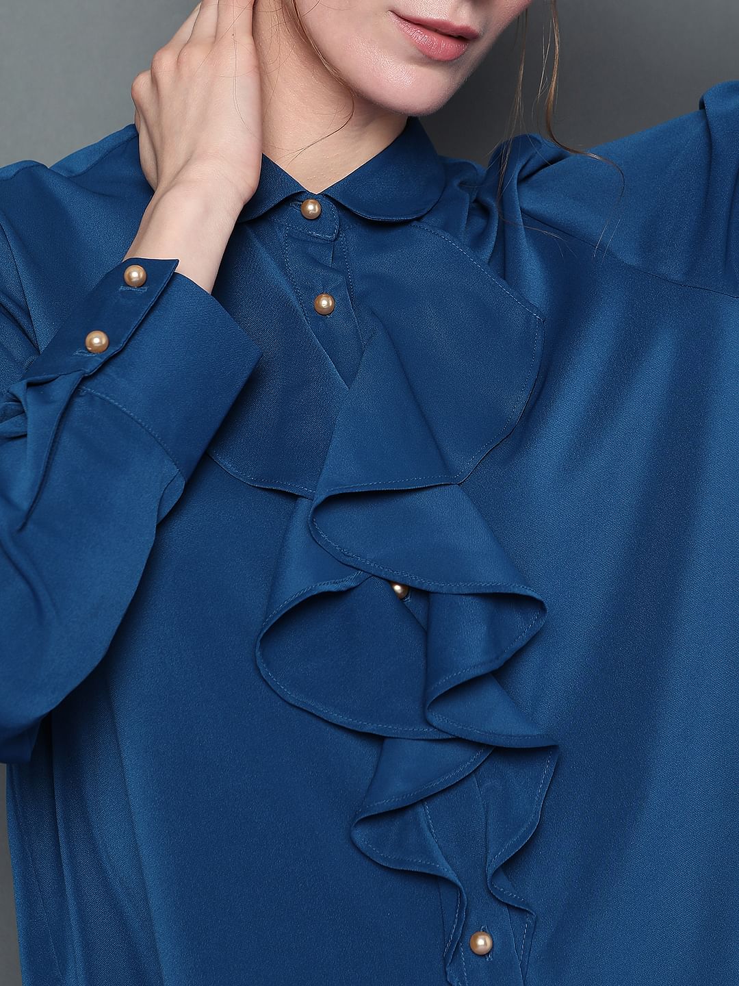 Blue Ruffle Detail Shirt - Image 6