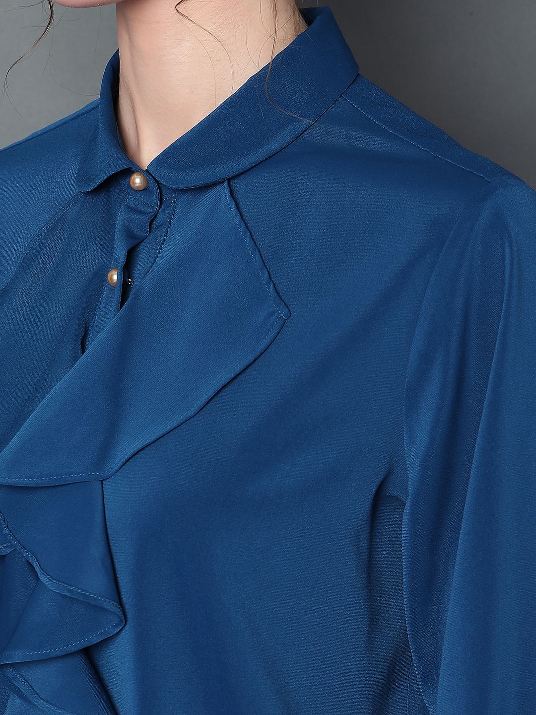 Blue Ruffle Detail Shirt - Image 8