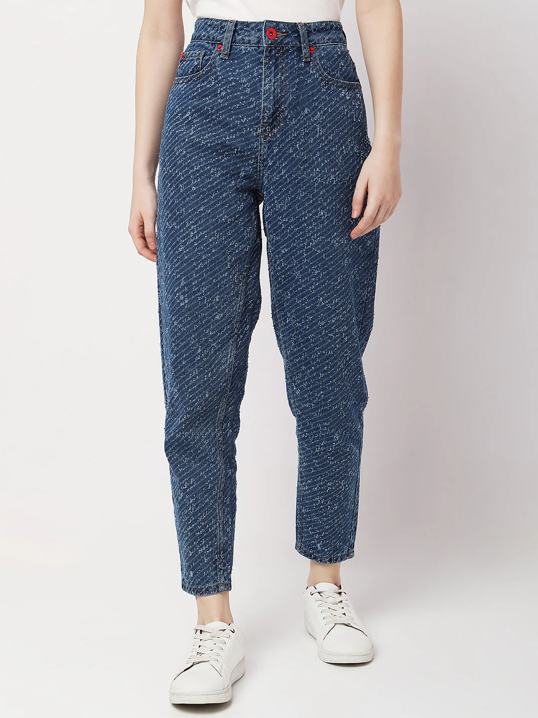 Blue High Rise Textured Jade Straight Fit Jeans - Image 2