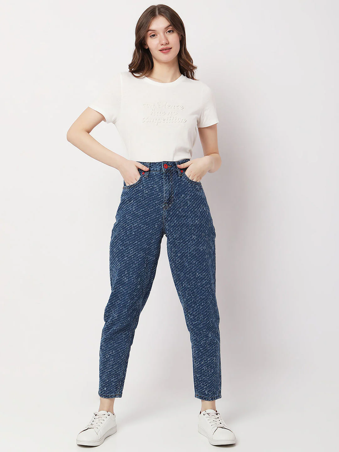 Blue High Rise Textured Jade Straight Fit Jeans - Image 6