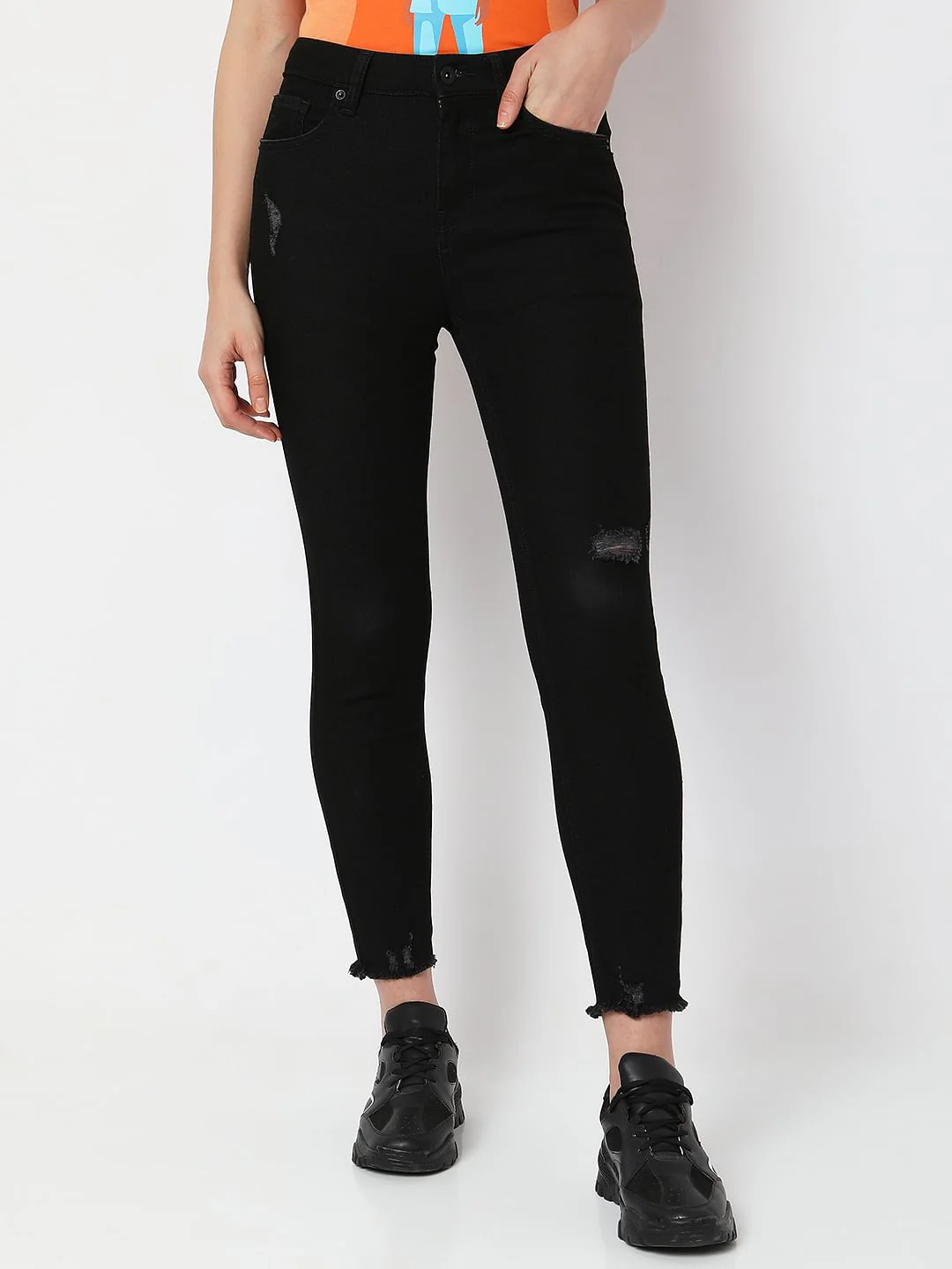 Black High Rise Distressed Jade Straight Fit Jeans - Image 2