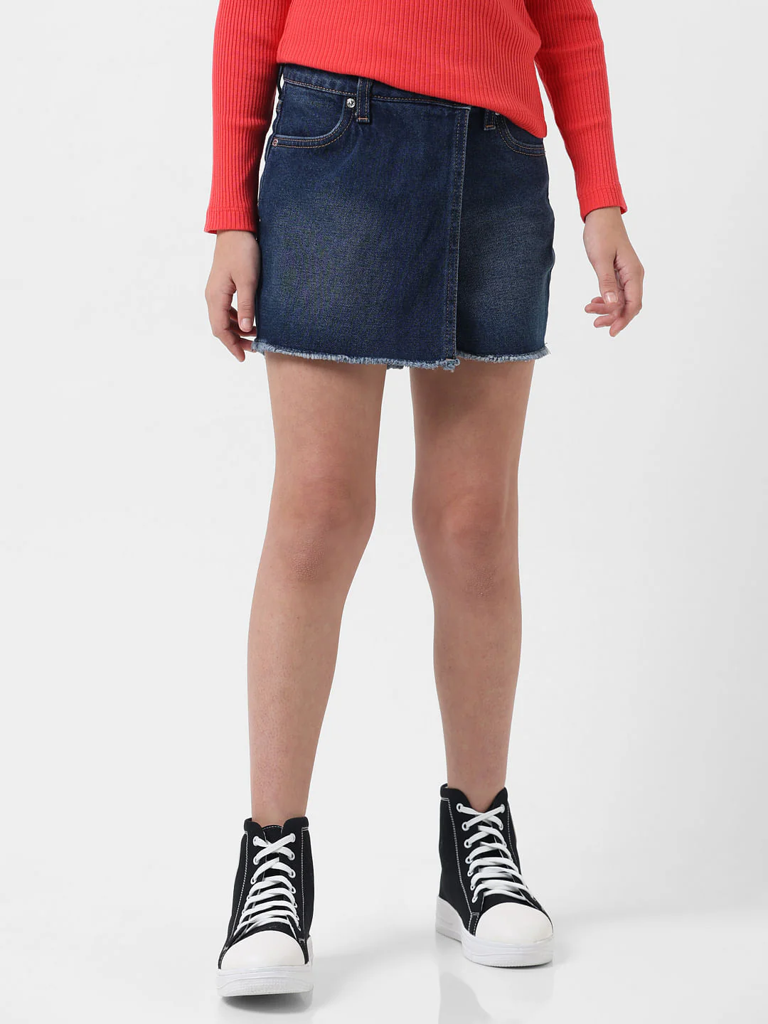 Girl Dark Blue Mid Rise Denim Skorts - Image 2