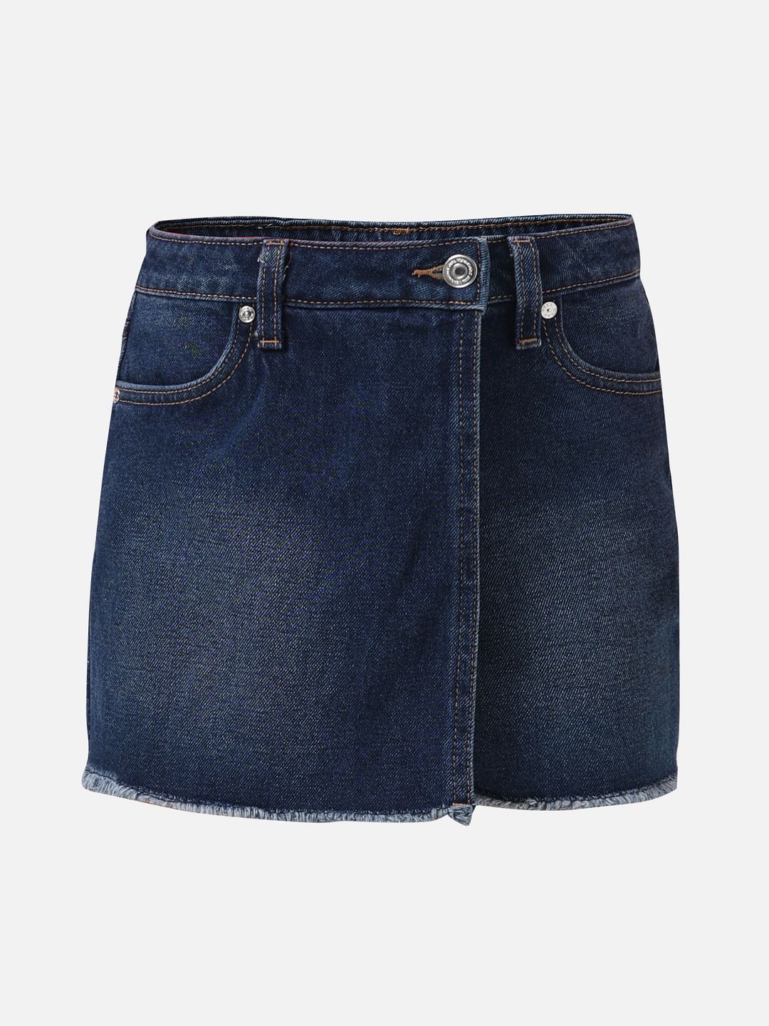 Girl Dark Blue Mid Rise Denim Skorts - Image 5