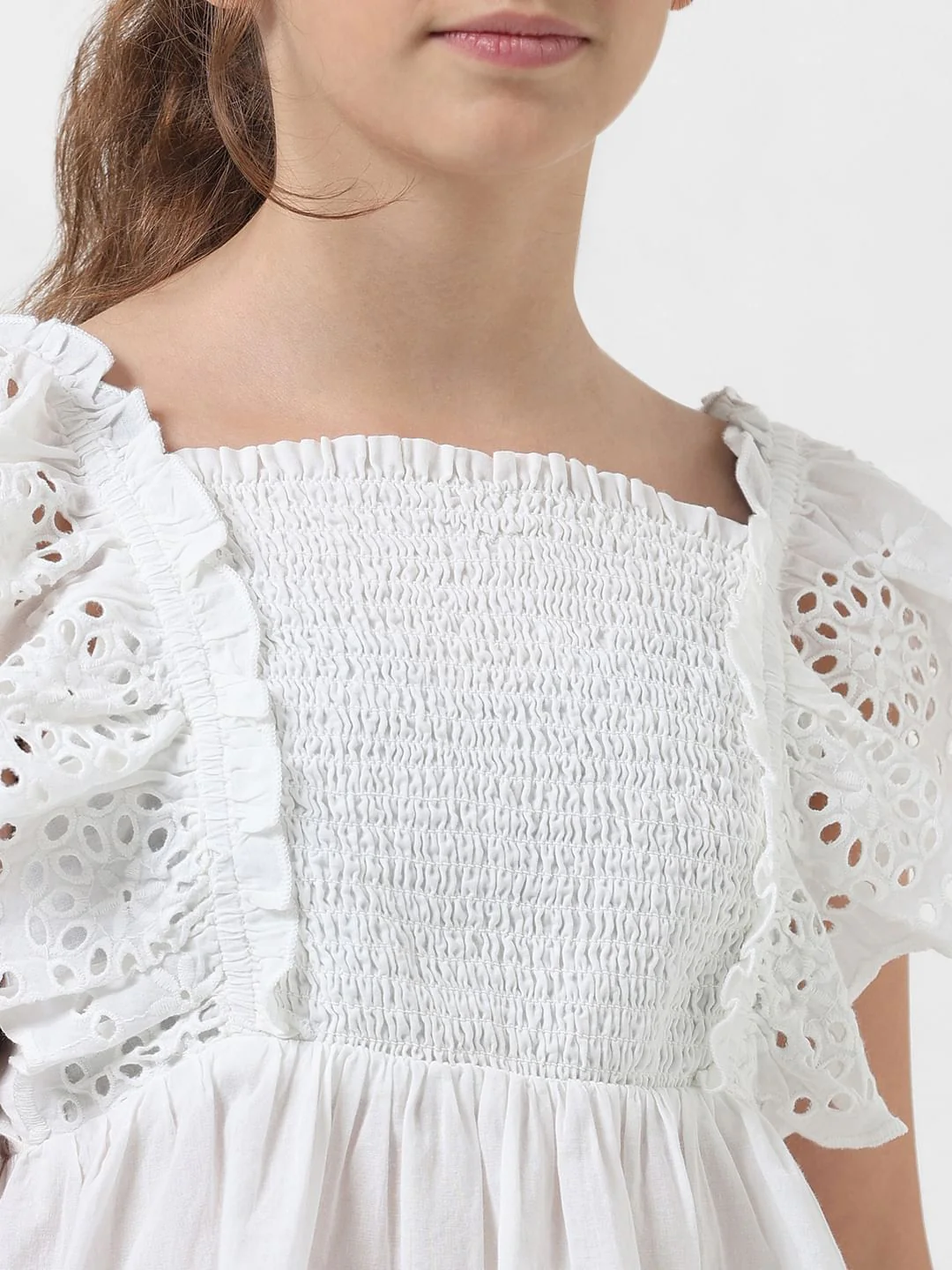 Girl White Smocked Cotton Top - Image 4