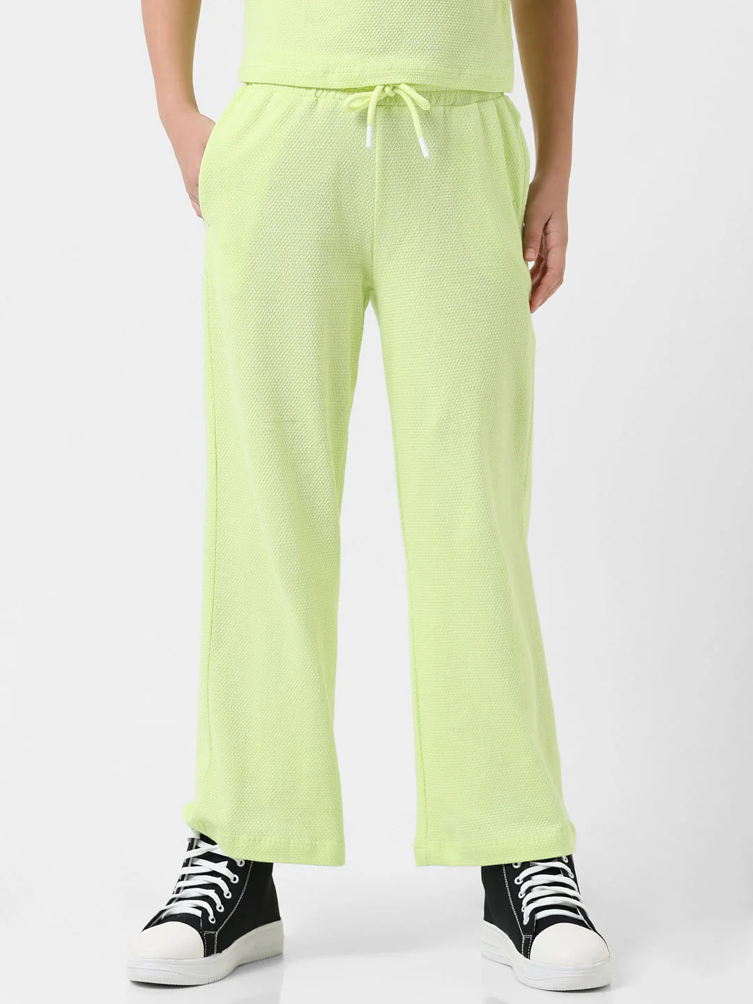 Girl Green Mid Rise Textured Flared Joggers - Image 2