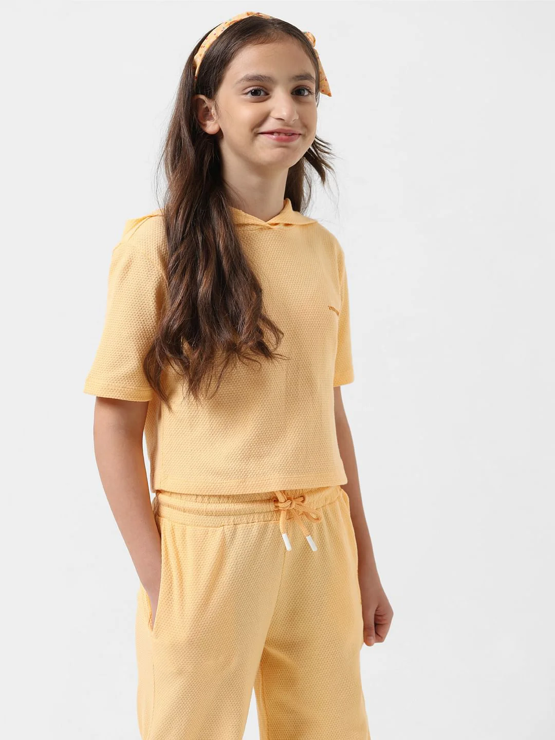 Girl Orange Textured Hooded Top