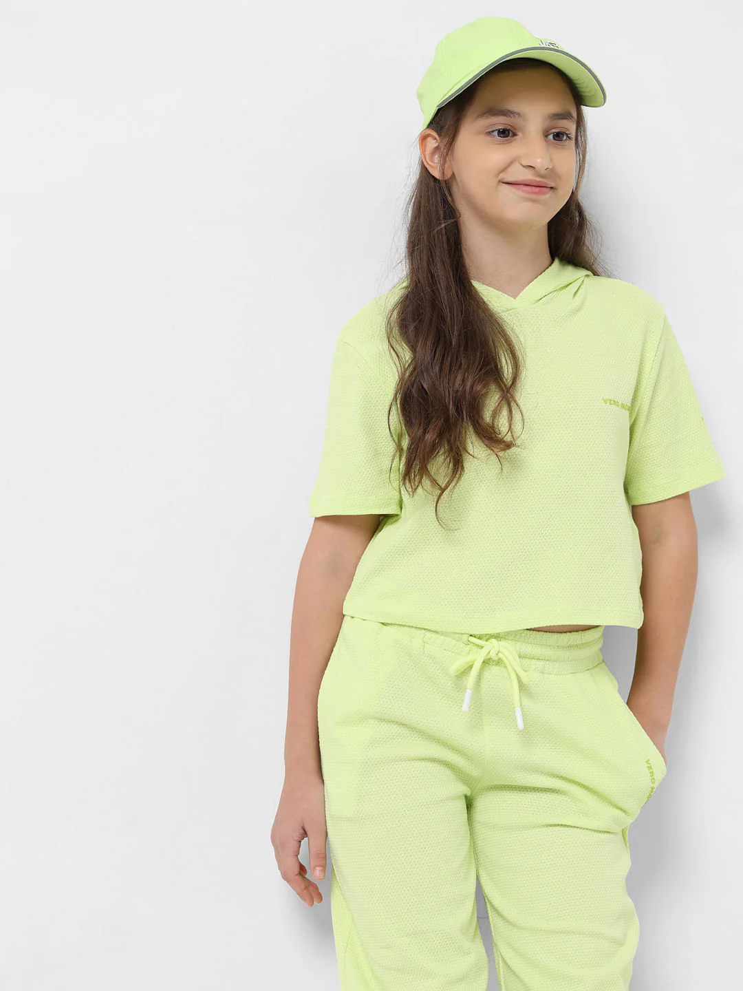 Girl Green Textured Hooded Top