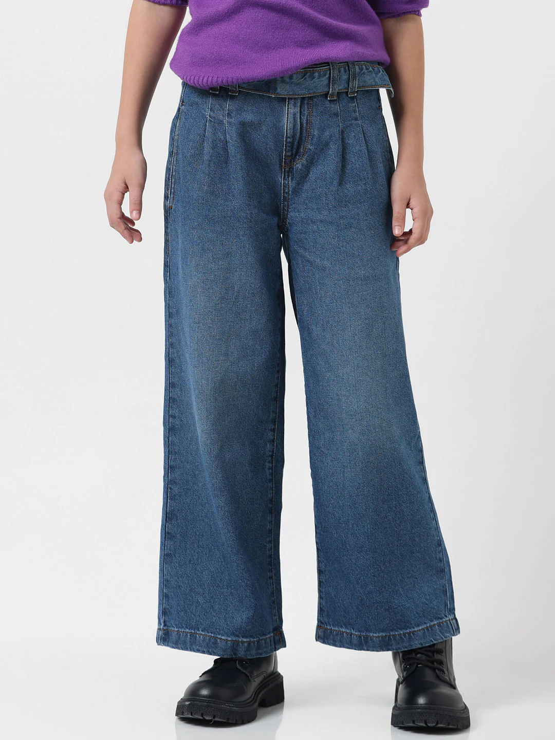 Girl Dark Blue High Rise Wide Leg Jeans - Image 2