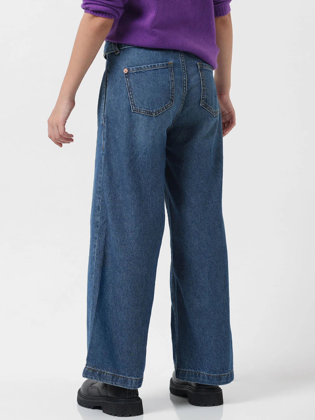 Girl Dark Blue High Rise Wide Leg Jeans - Image 3