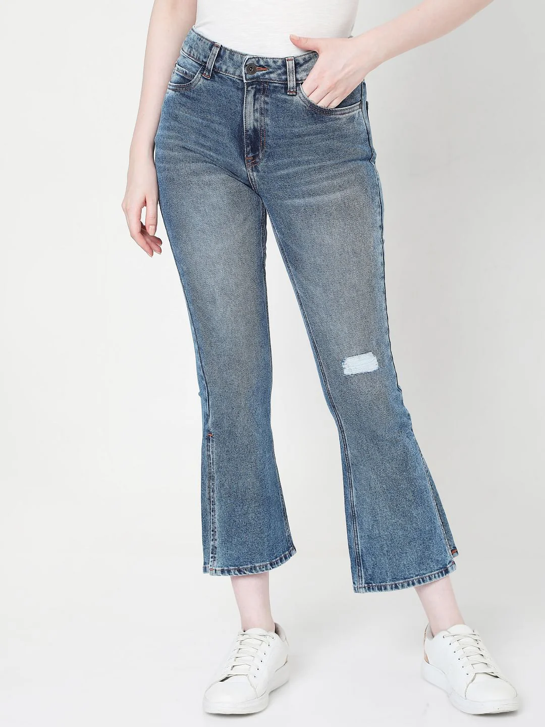Blue High Rise Distressed Bootcut Jeans - Image 2