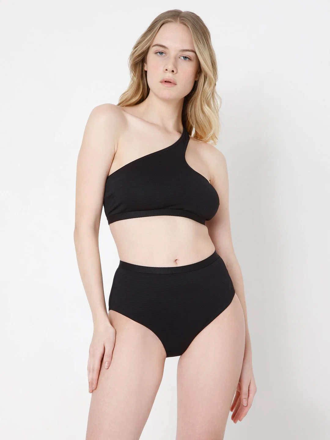 Black One Shoulder Co-Ord Set Swim Top - Image 2