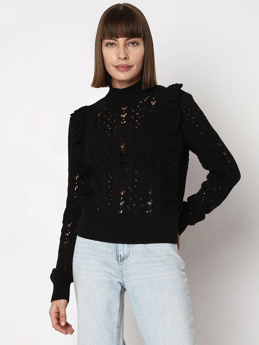 Black High Neck Pointelle Pullover - Image 2