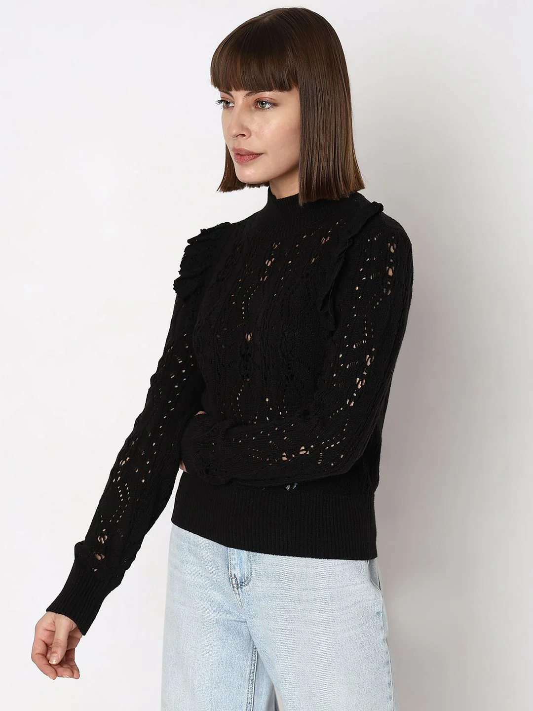 Black High Neck Pointelle Pullover - Image 3