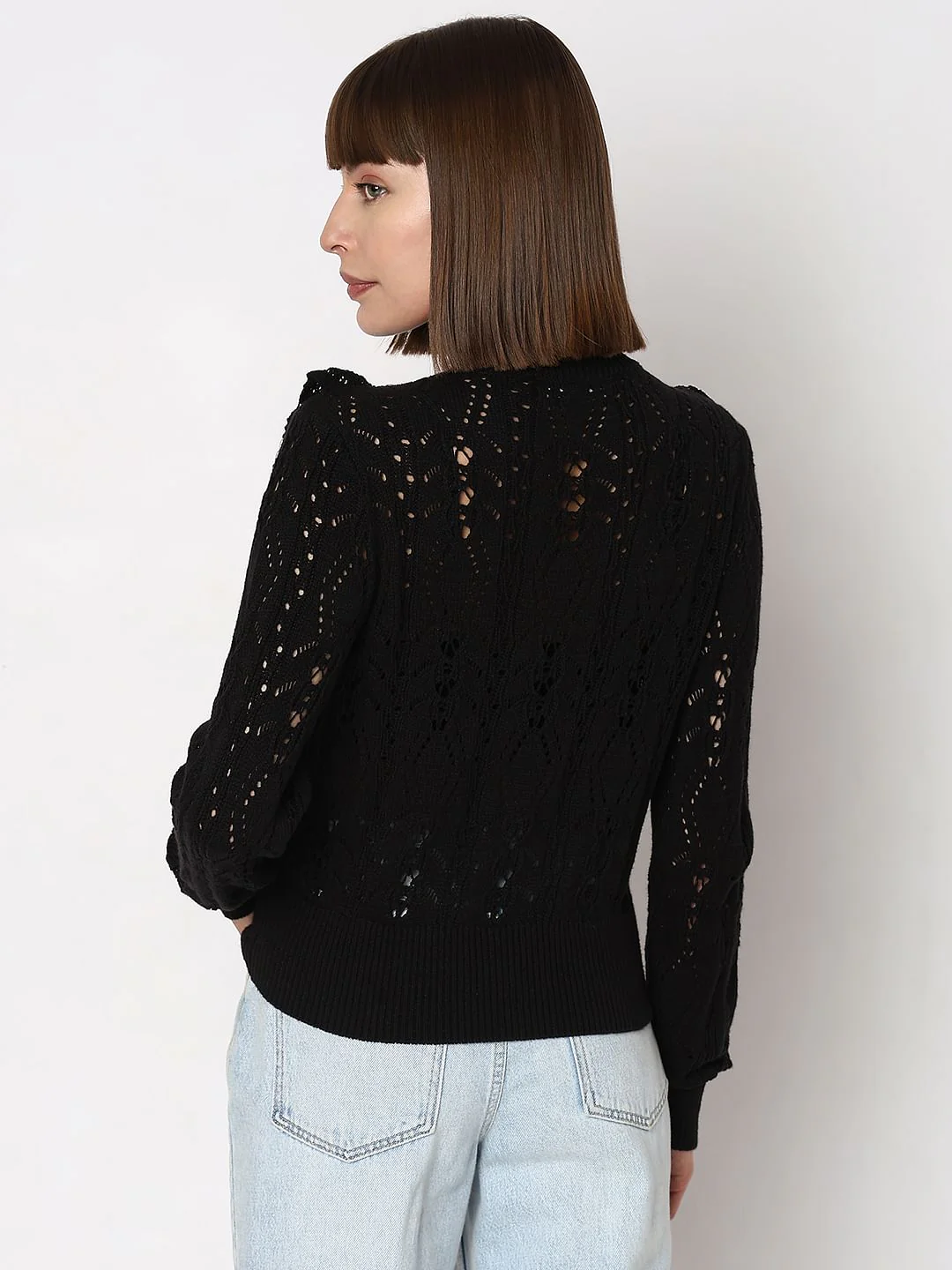 Black High Neck Pointelle Pullover - Image 4