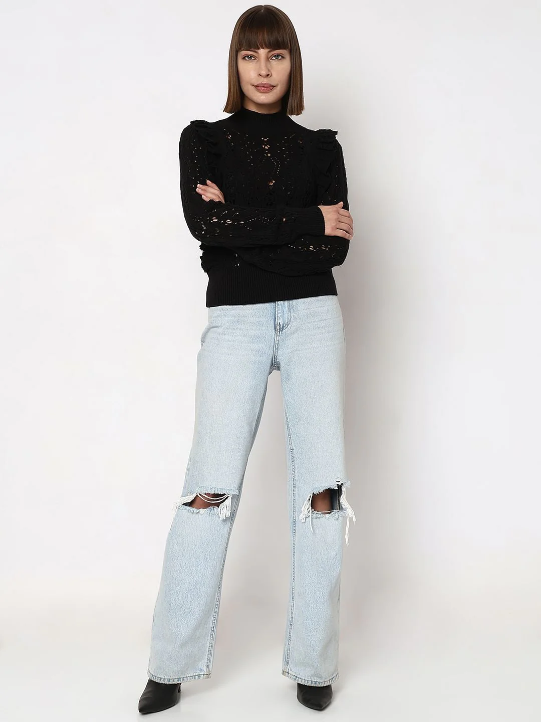 Black High Neck Pointelle Pullover - Image 5