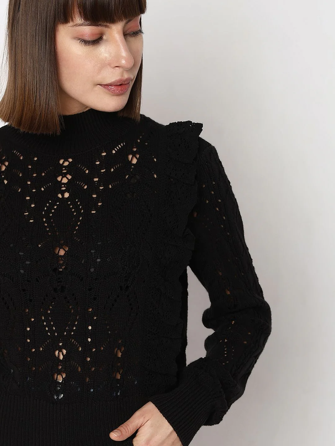 Black High Neck Pointelle Pullover - Image 6