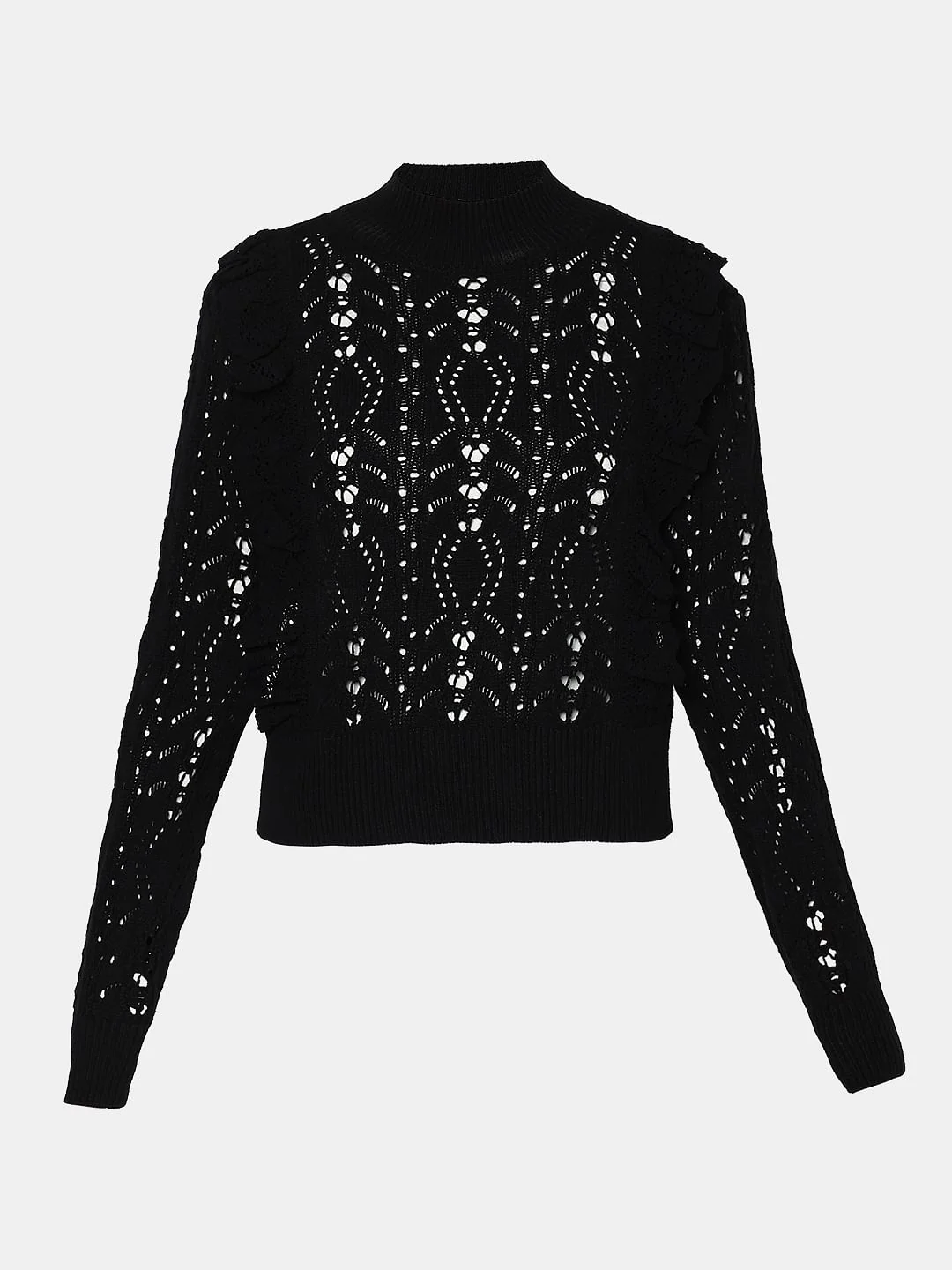 Black High Neck Pointelle Pullover - Image 7