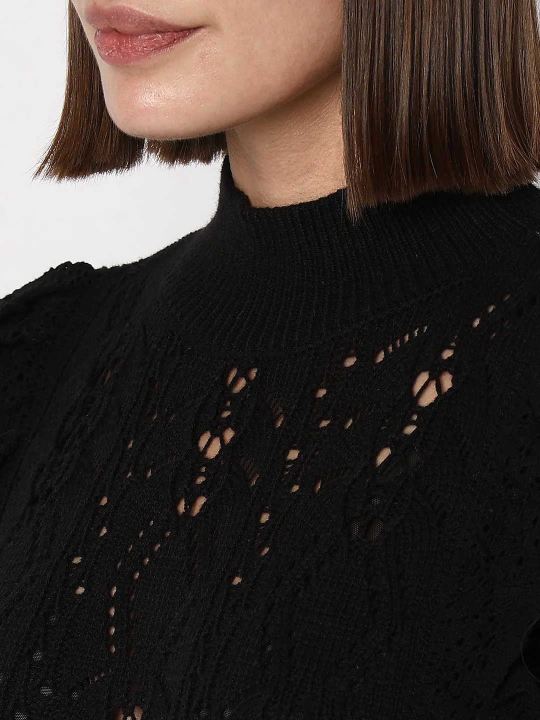 Black High Neck Pointelle Pullover - Image 8