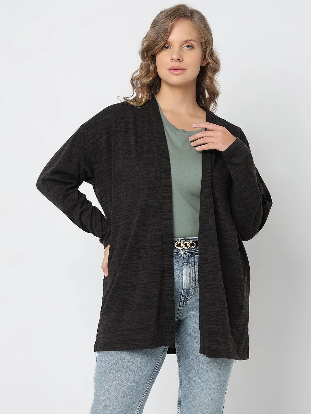 Curve Black Melange Front Open Cardigan - Image 2
